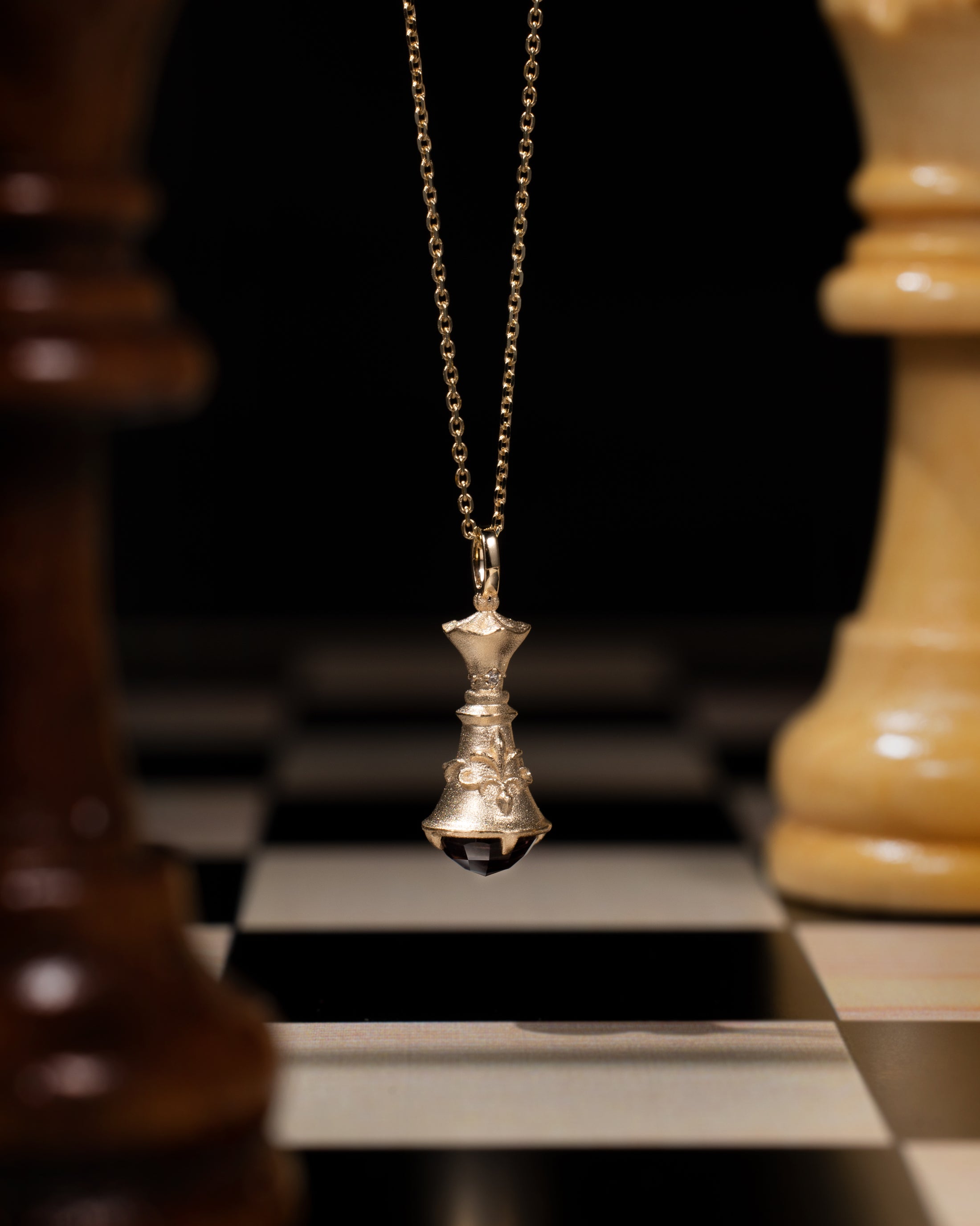 Chess Queen Pendant Necklace in 10k Gold with Diamond and Spinel