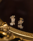 Load image into Gallery viewer, My Little Lyre Stud Earrings in 10k Gold with Diamonds and Blue Sapphire
