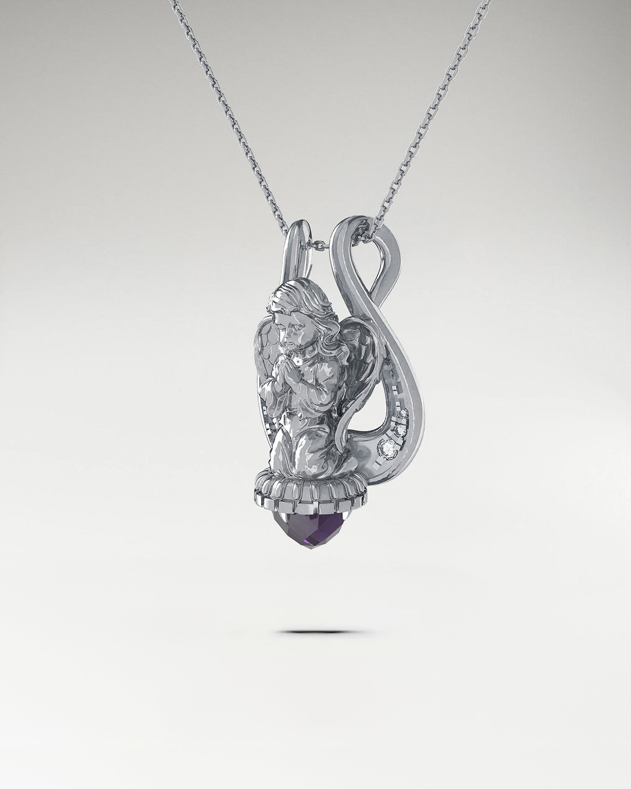 Lyre Angel Pendant Necklace In Sterling Silver With Amethyst And Moissanites