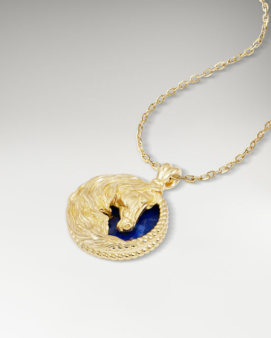 Horse Sculpture Pendant In Gold With Lapis Lazuli