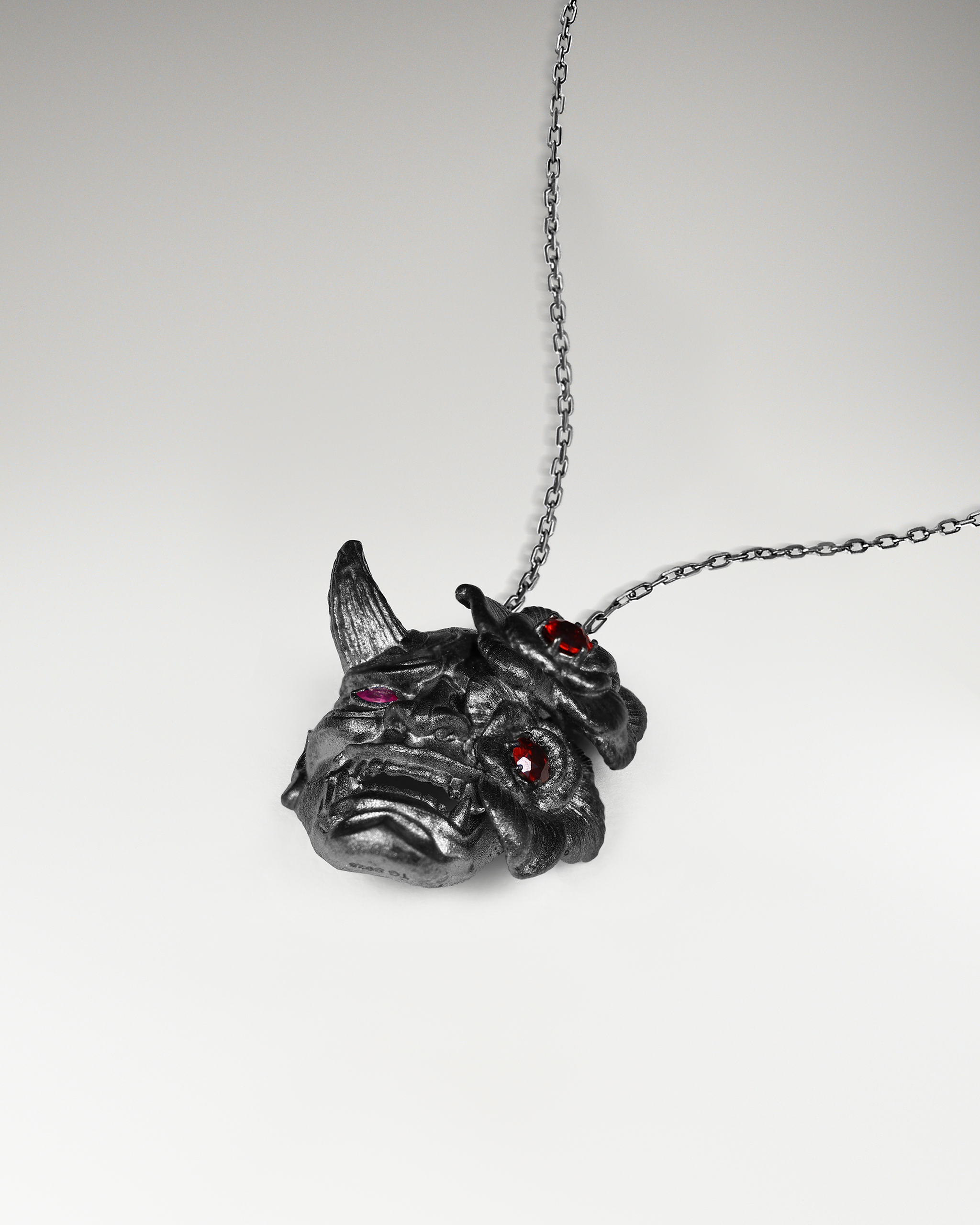 Hannya Mask Pendant Necklace In Sterling Silver With Ruby