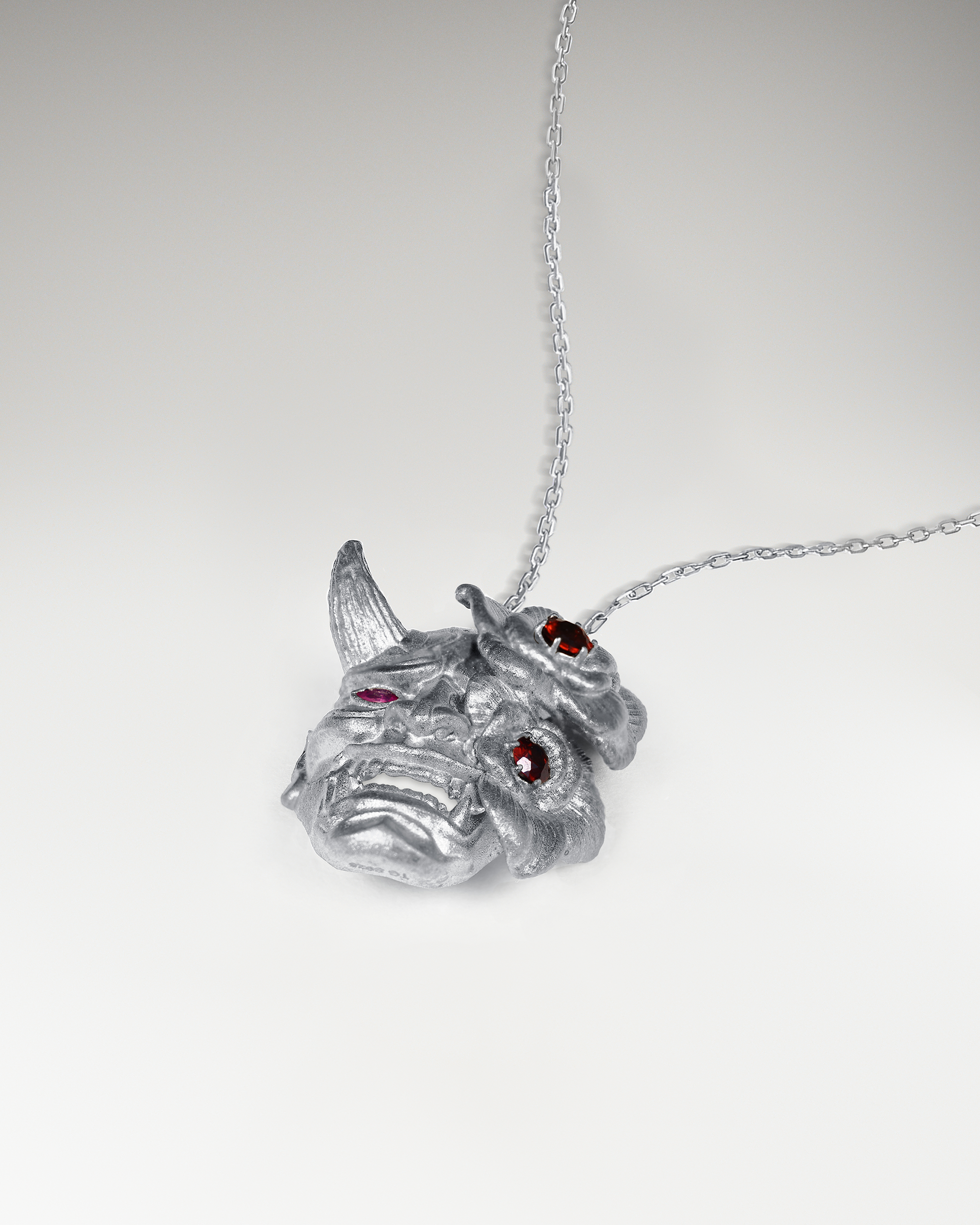 Hannya Mask Pendant Necklace In Sterling Silver With Ruby