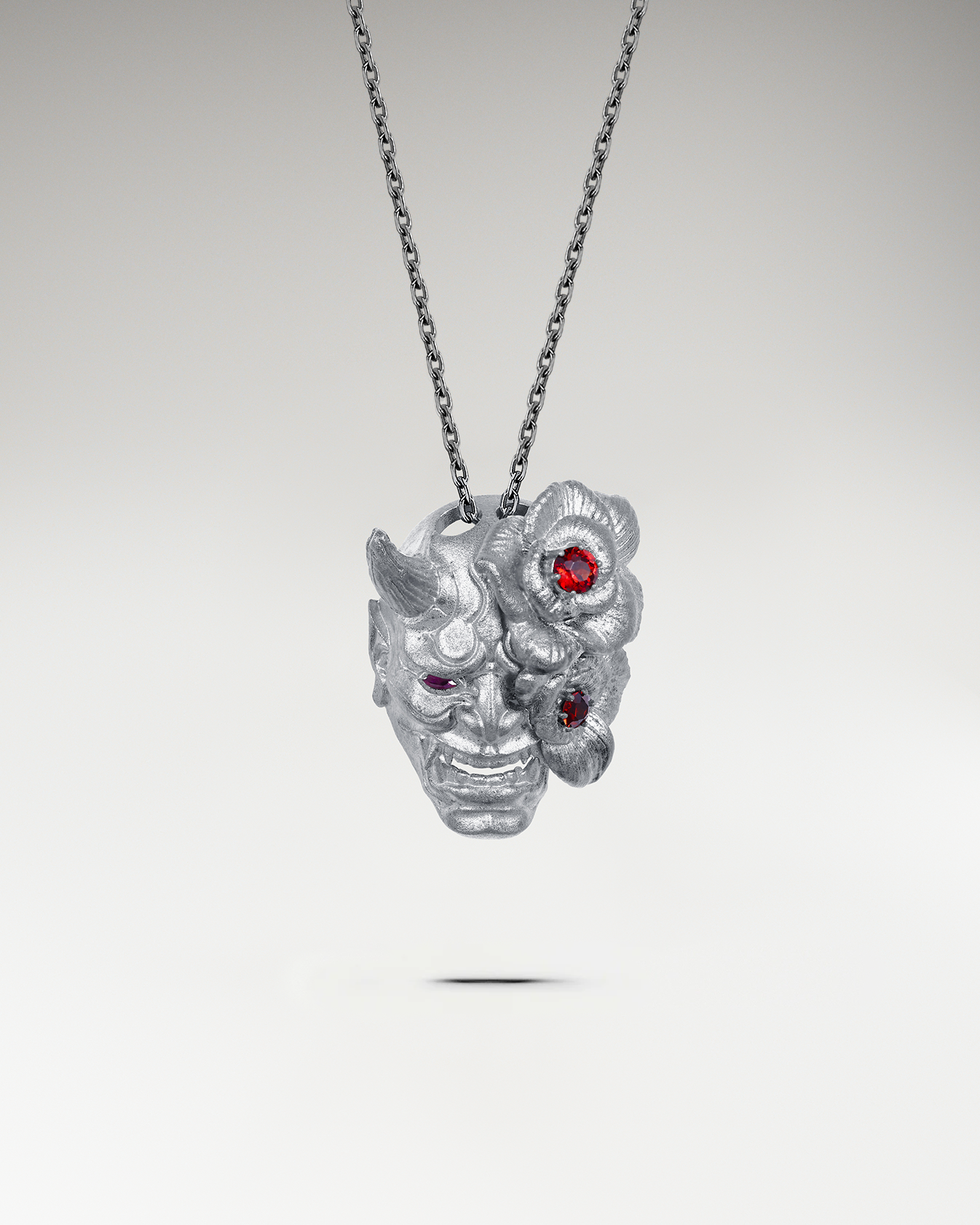 Hannya Mask Pendant Necklace In Sterling Silver With Ruby