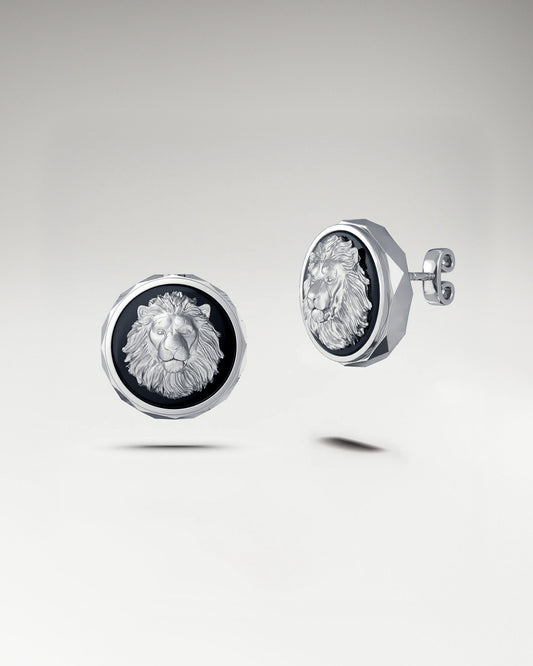 Abyss Lion Stud Earrings In Sterling Silver With Black Agate