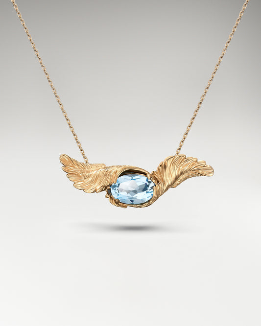 Feather Embrace Pendant Necklace In Gold With Aquamarine