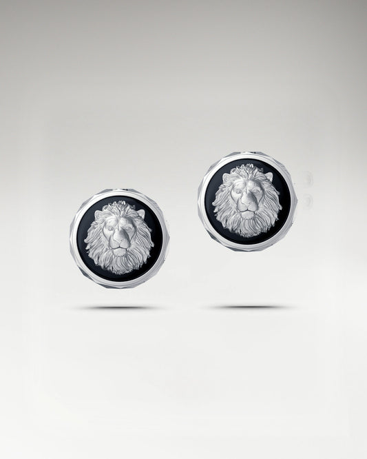 Abyss Lion Stud Earrings In Sterling Silver With Black Agate