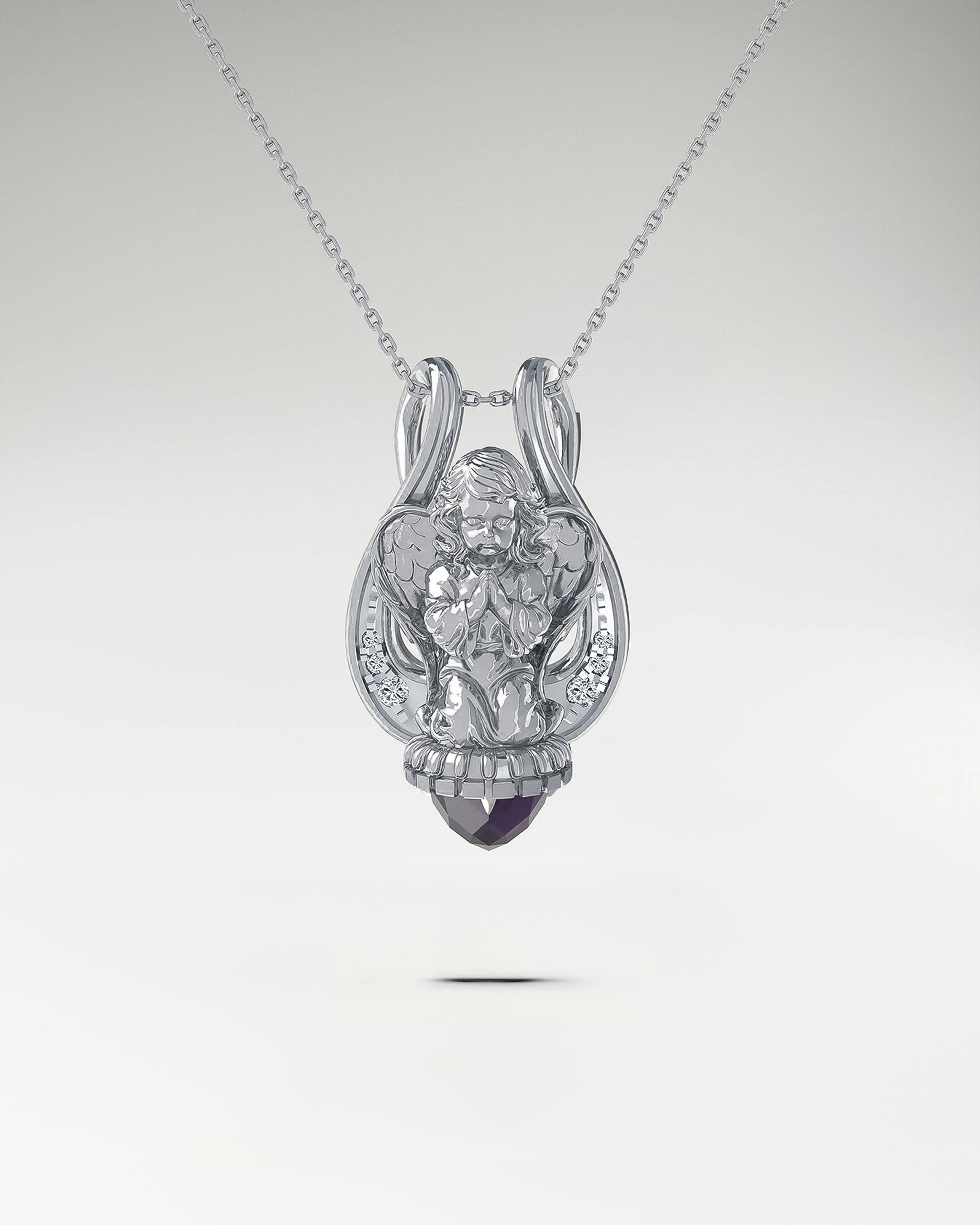 Lyre Angel Pendant Necklace In Sterling Silver With Amethyst And Moissanites