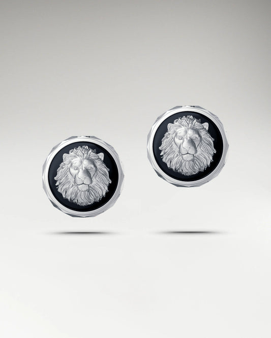 Abyss Lion Stud Earrings In Sterling Silver With Black Agate