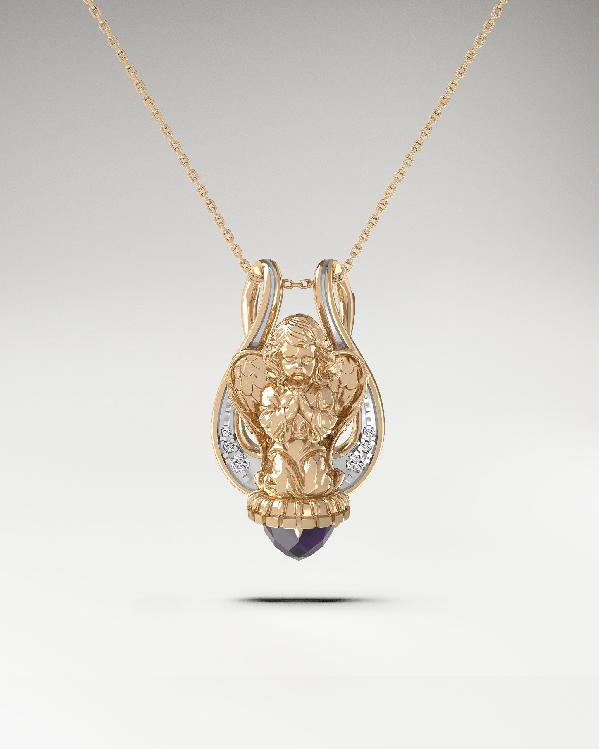 Lyre Angel Pendant Necklace In Sterling Silver With Amethyst And Moissanites