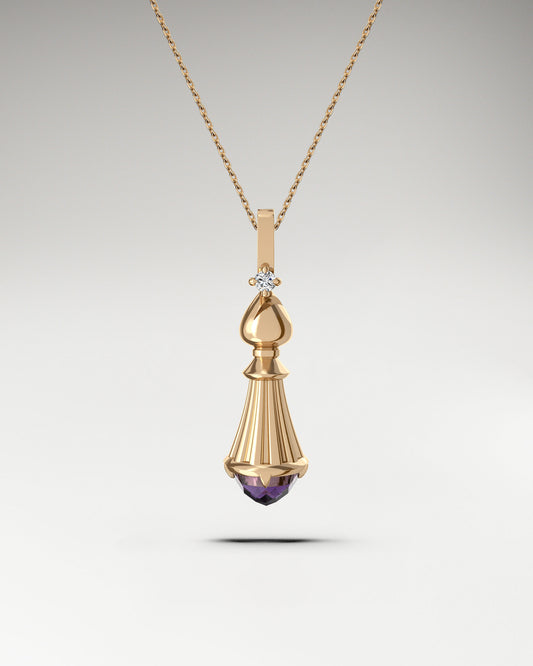 Chess Bishop Pendant necklace made in 10k gold with diamond and spinel
