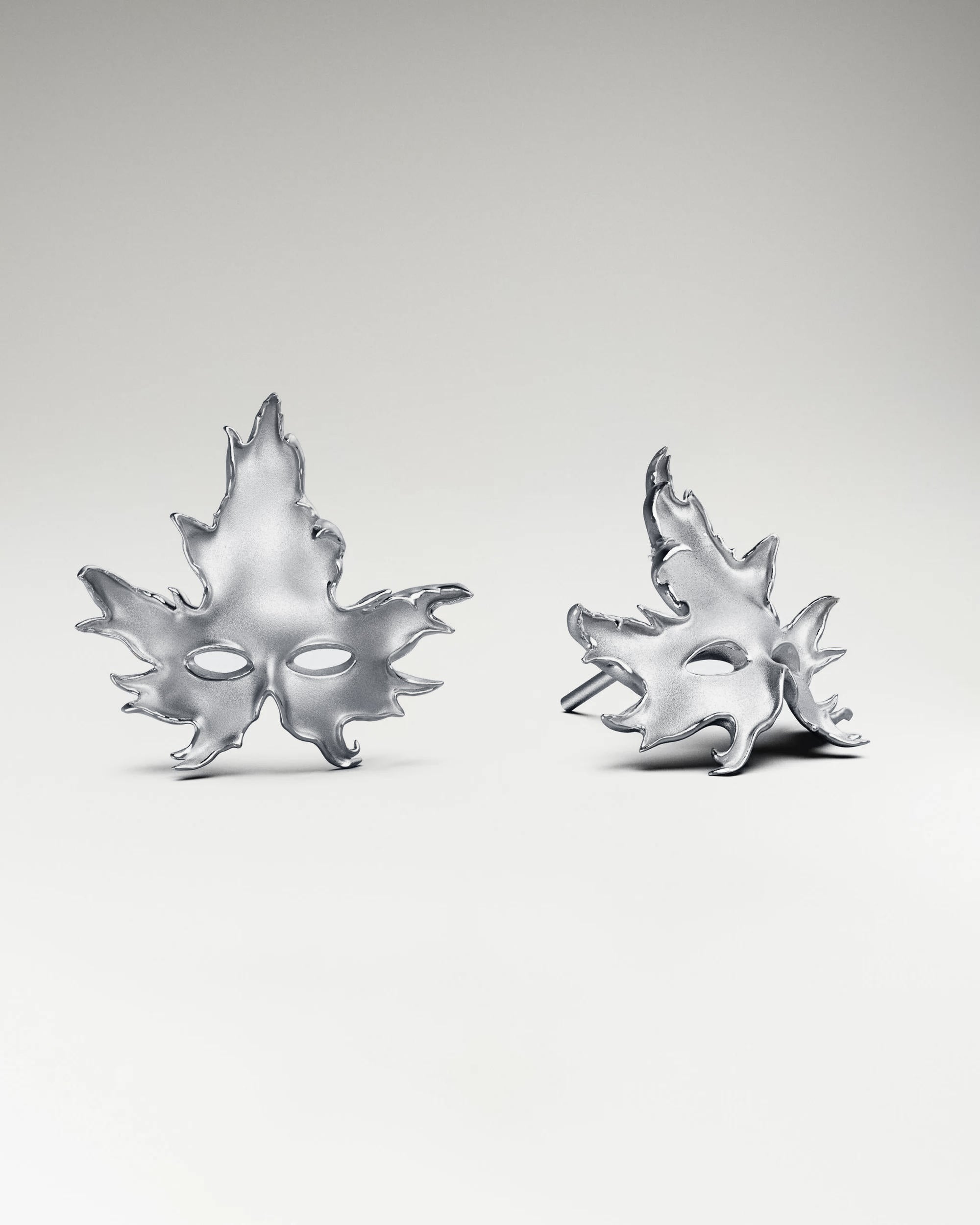 Maple Leaf Mask Stud Earrings In Sterling Silver