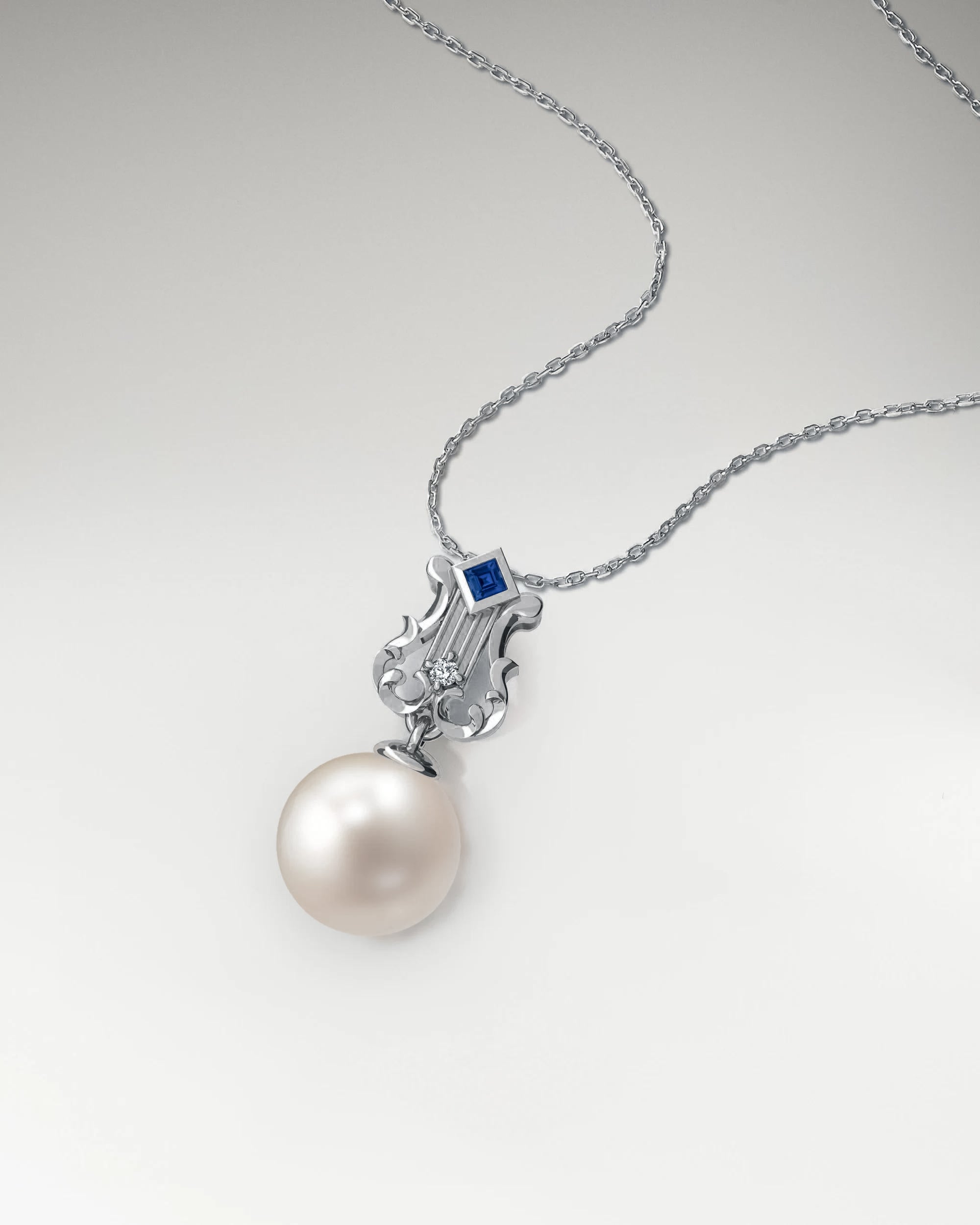 My Little Lyre Necklace In Gold With Pearl And Blue Sapphire