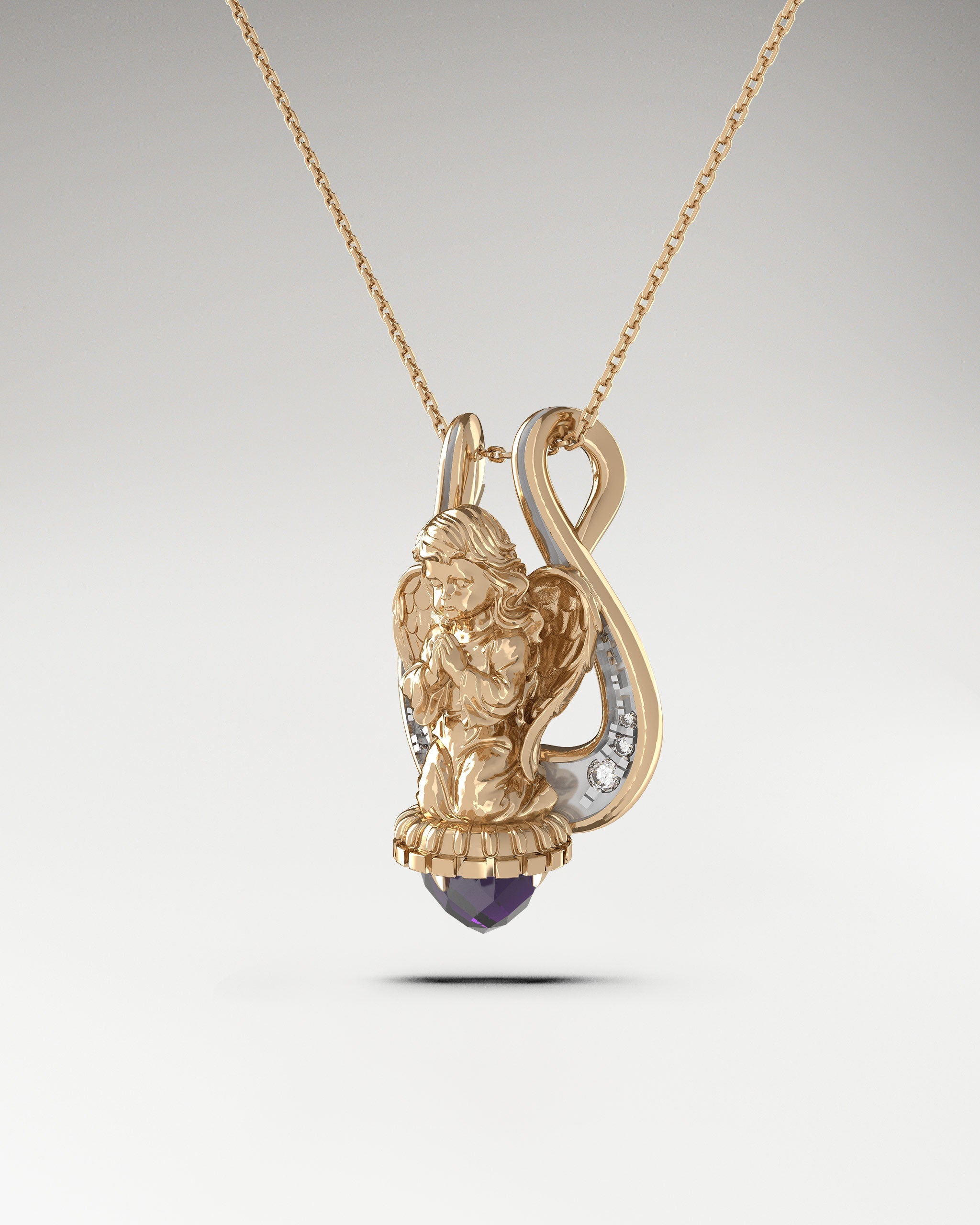 Lyre Angel Pendant Necklace In Sterling Silver With Amethyst And Moissanites