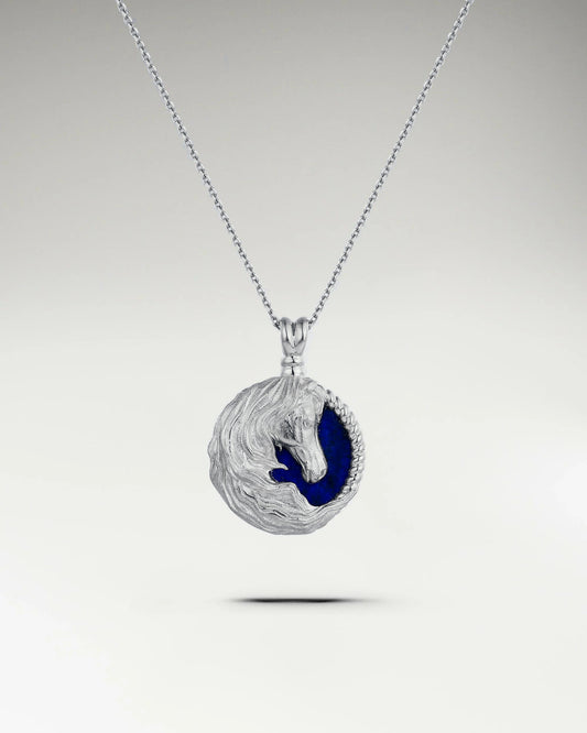 Horse Sculpture Pendant In Sterling Silver With Lapis Lazuli