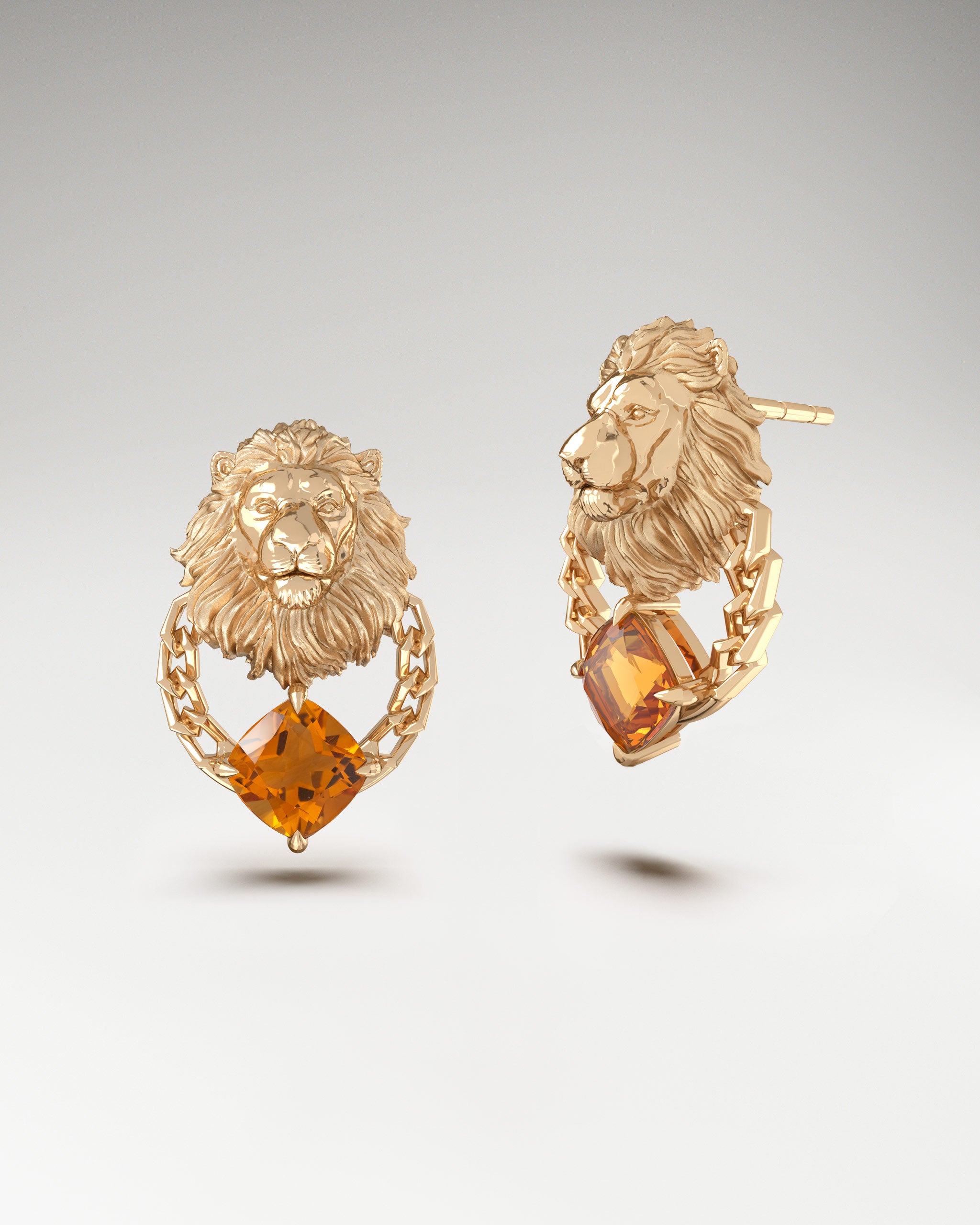 Lion sculpture stud earrings with gold and citrine