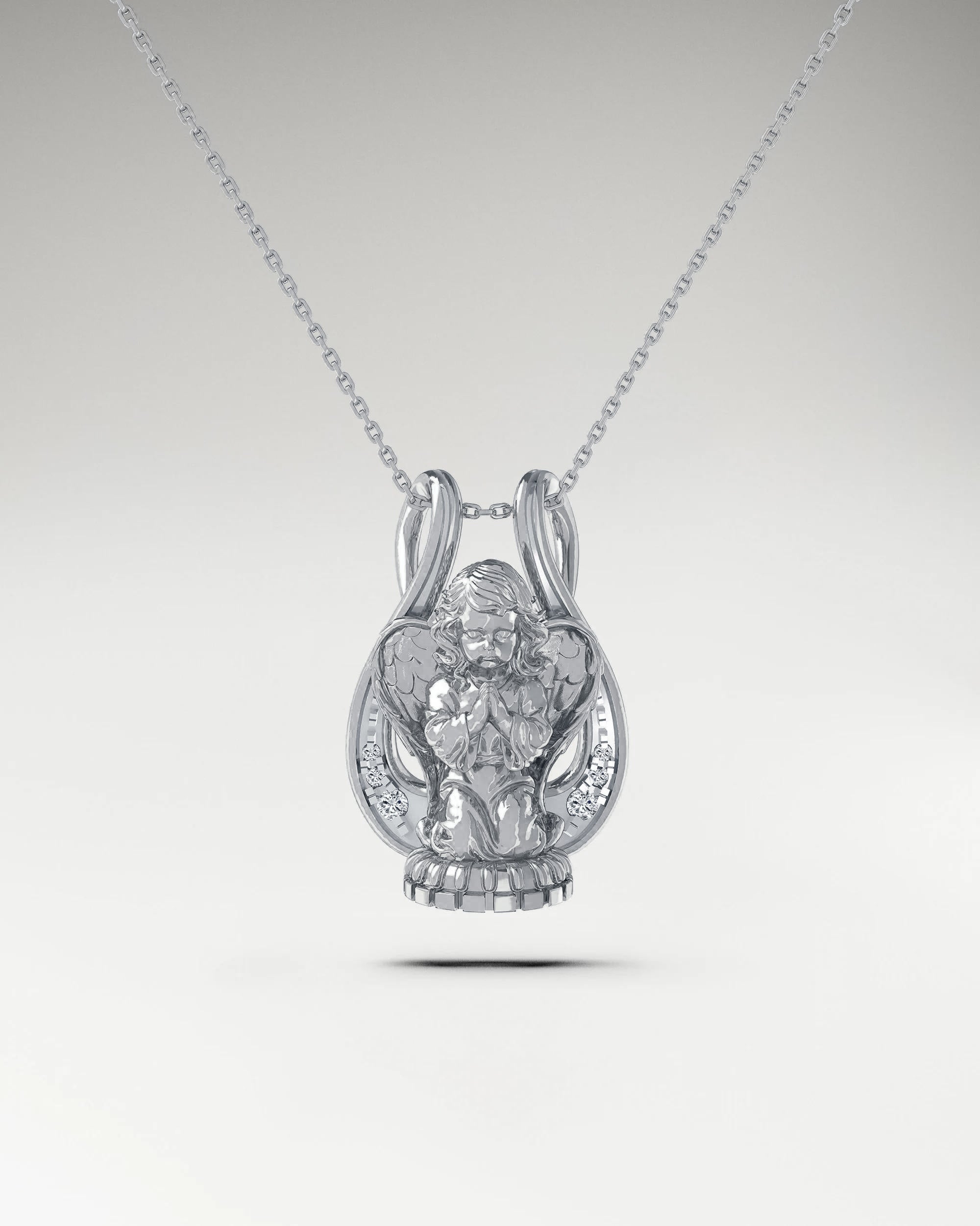 Lyre Angel Pendant Necklace In Gold With Diamonds