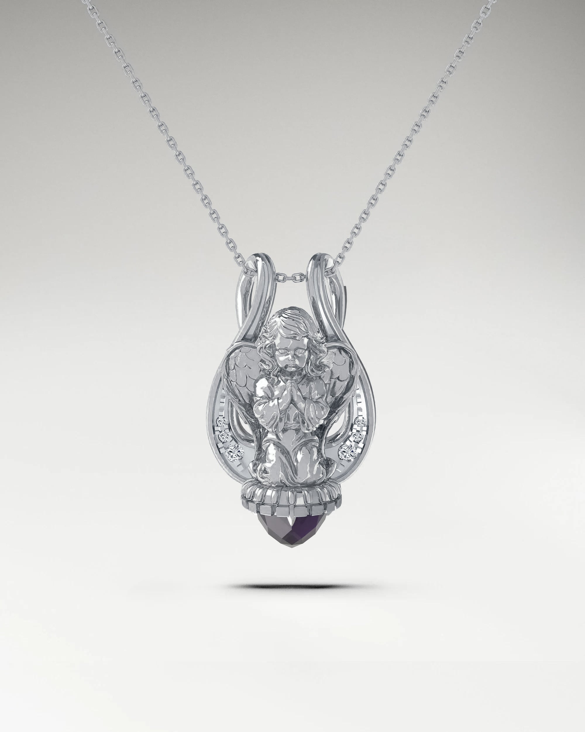 Lyre Angel Pendant Necklace In Sterling Silver With Amethyst And Moissanites