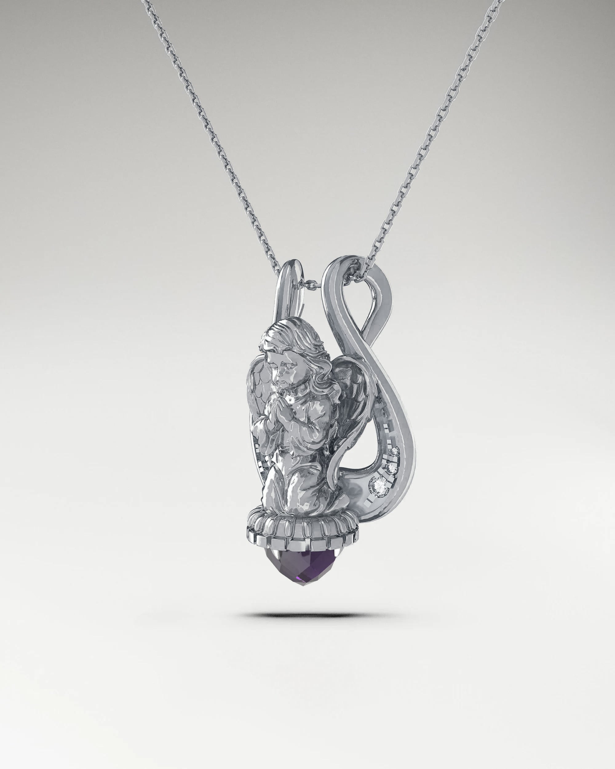 Lyre Angel Pendant Necklace In Sterling Silver With Amethyst And Moissanites