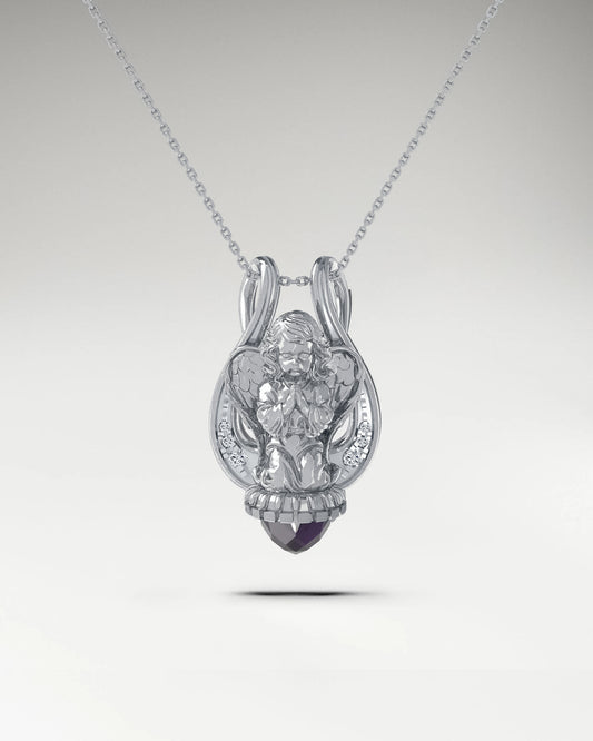 Lyre Angel Pendant Necklace In Sterling Silver With Amethyst And Moissanites