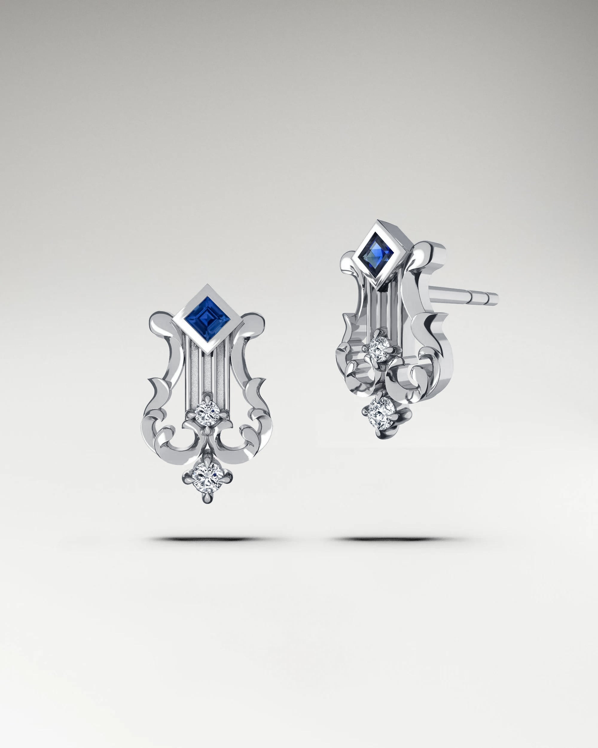 My Little Lyre Stud Earrings In Gold With Diamonds And Blue Sapphire