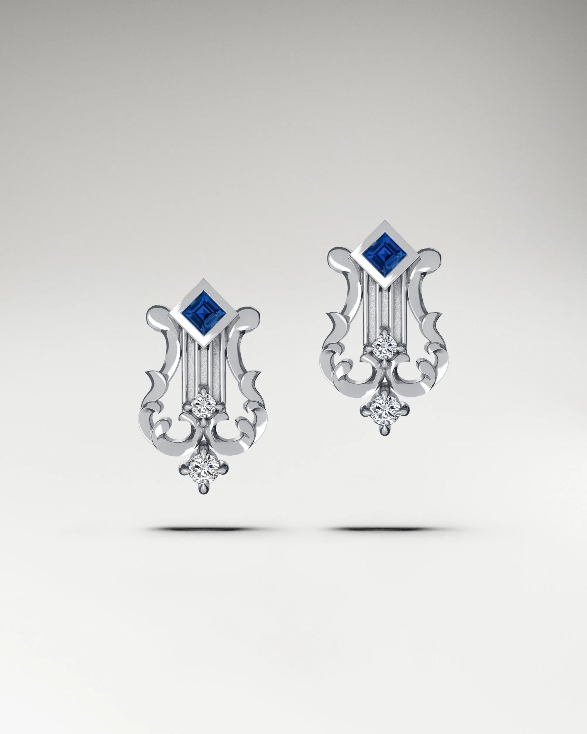 My Little Lyre Stud Earrings In Gold With Diamonds And Blue Sapphire