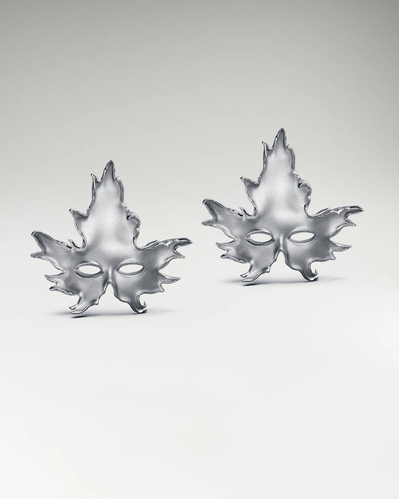 Maple Leaf Mask Stud Earrings In Sterling Silver