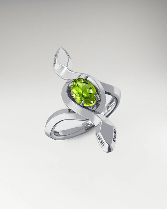 viper ring in gold with peridot and diamond gemstone